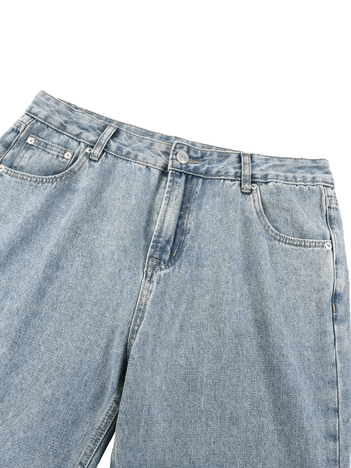 Blue vintage-wash denim jeans, up close