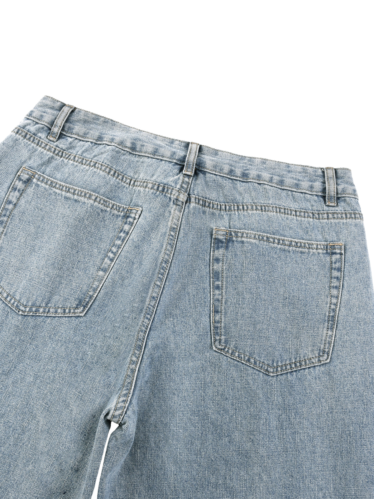 Blue vintage-wash denim jeans, up close