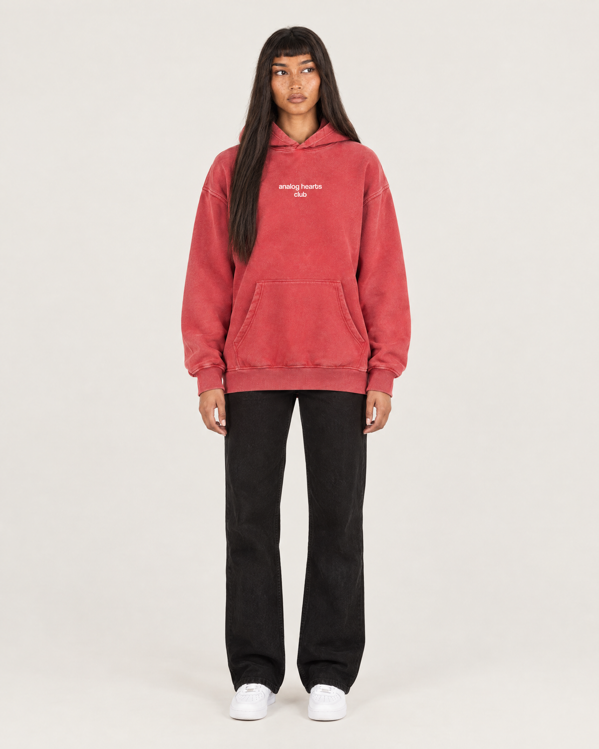 Analog Hearts Club snow wash hoodie in washed red, front. D is 5'6" and wears size S