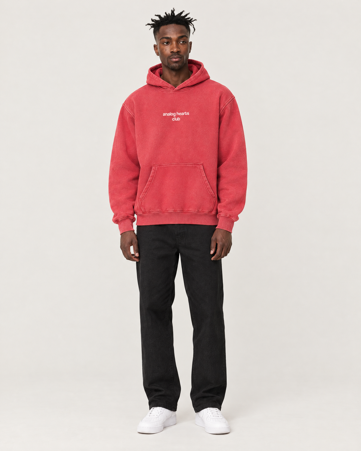 Analog Hearts Club snow wash hoodie in washed red, front. C is 6'2" and wears size M