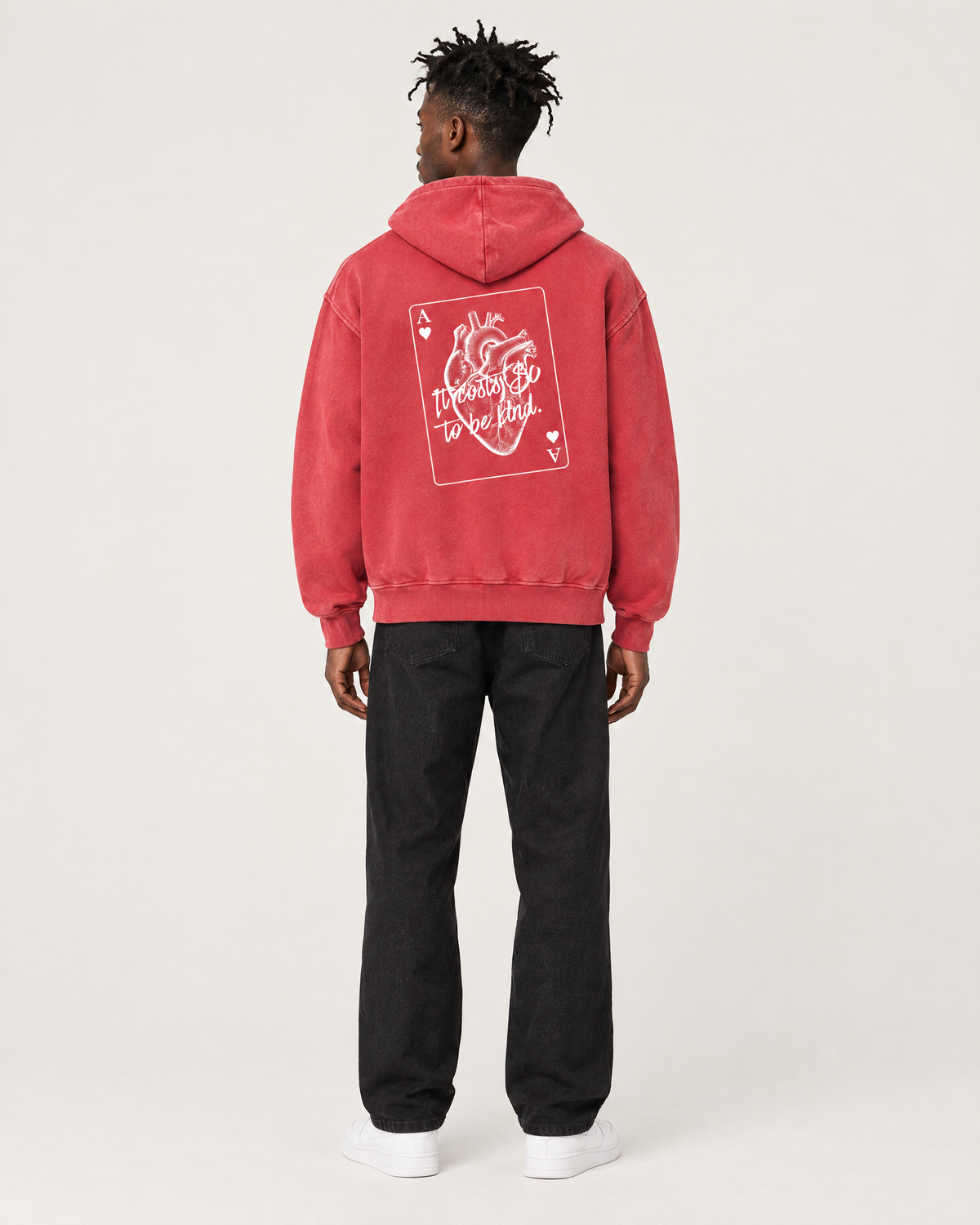 Analog Hearts Club hoodie, ace of hearts back print "It costs $0 to be kind." C wears size M