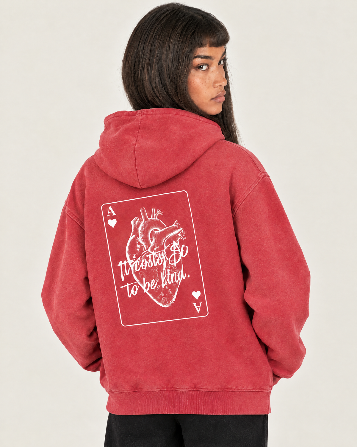 Analog Hearts Club hoodie, back print detail. D wears size S
