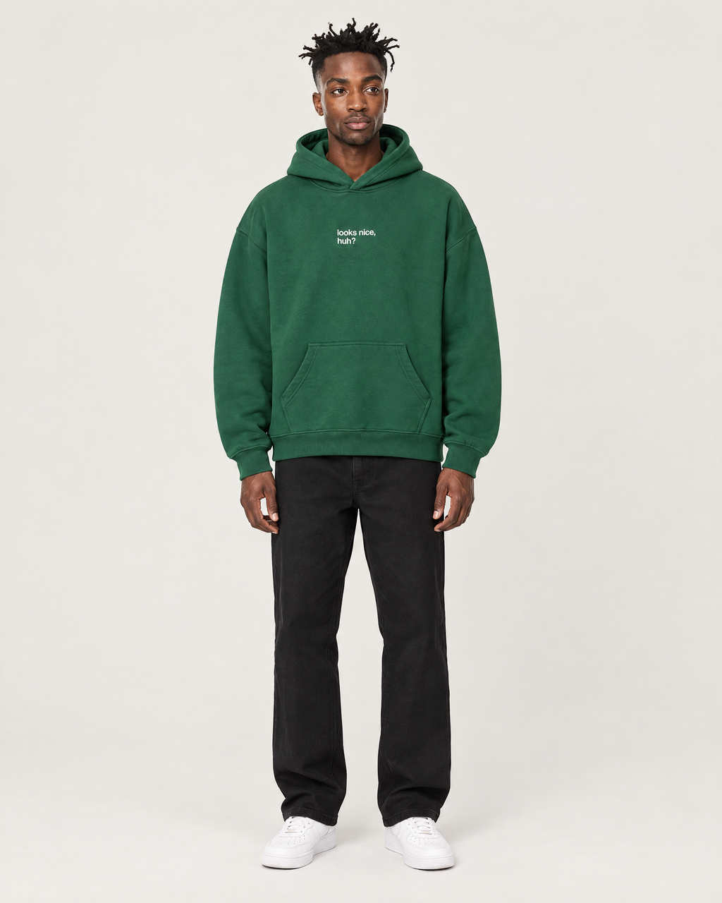 Bring the Color Back oversized hoodie in Eden green, front. C is 6'2" and wears size M