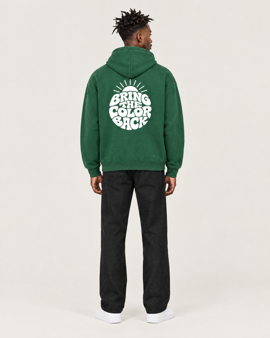 Bring the Color Back hoodie, back print. C wears size M