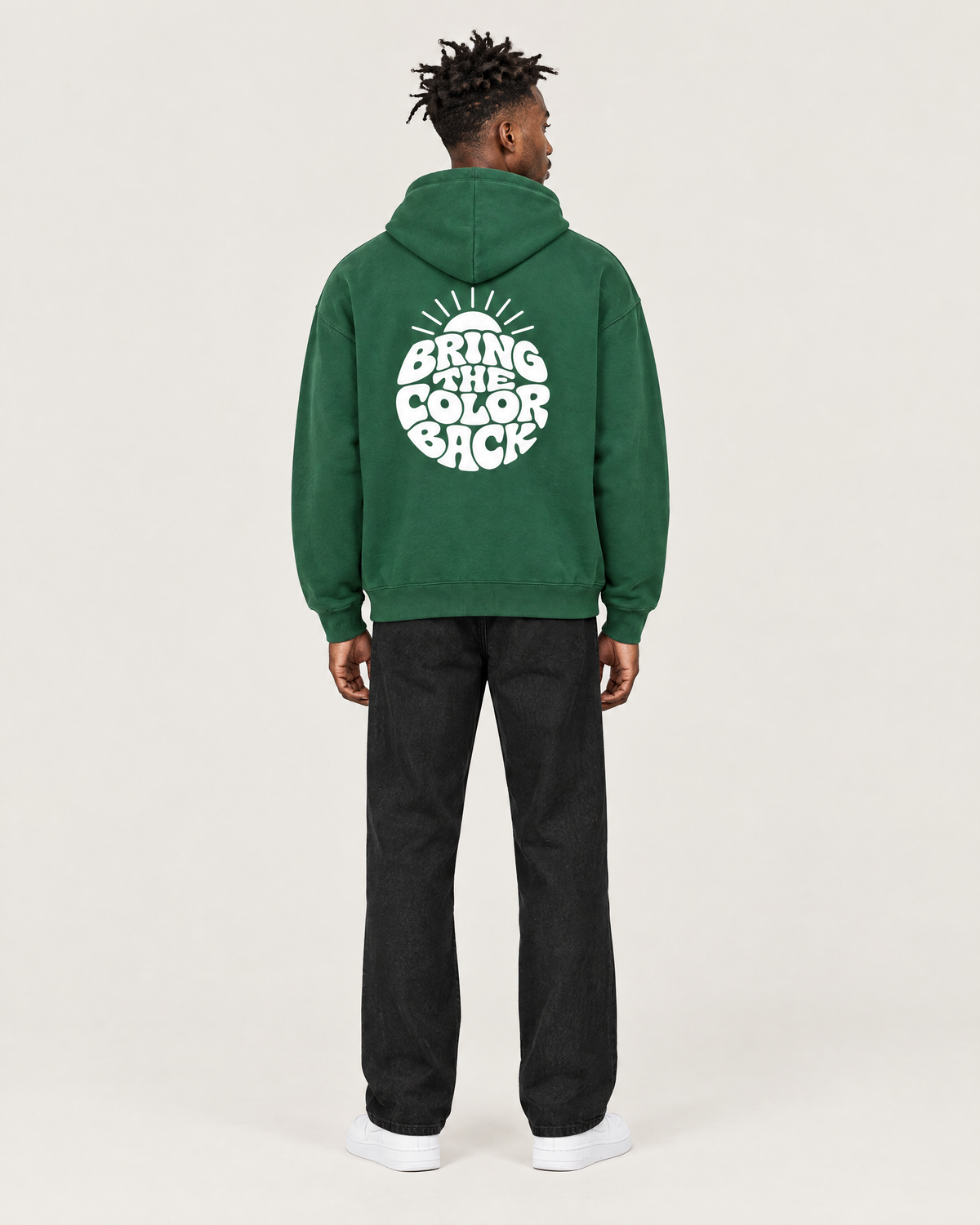 Bring the Color Back hoodie, back print. C wears size M