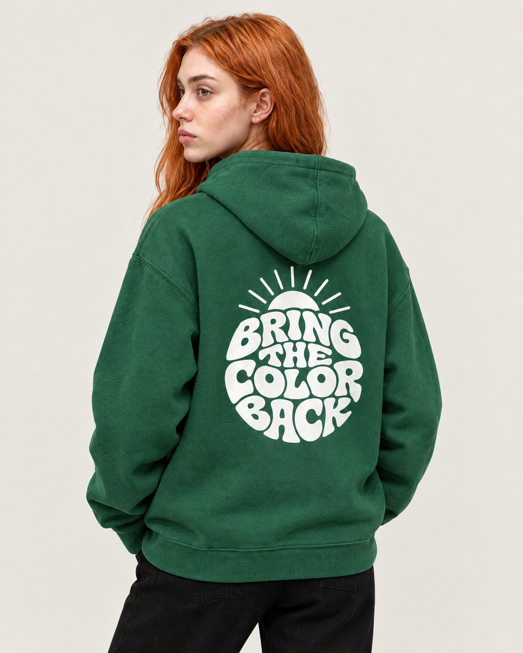 Bring the Color Back hoodie, back print detail. A wears size S