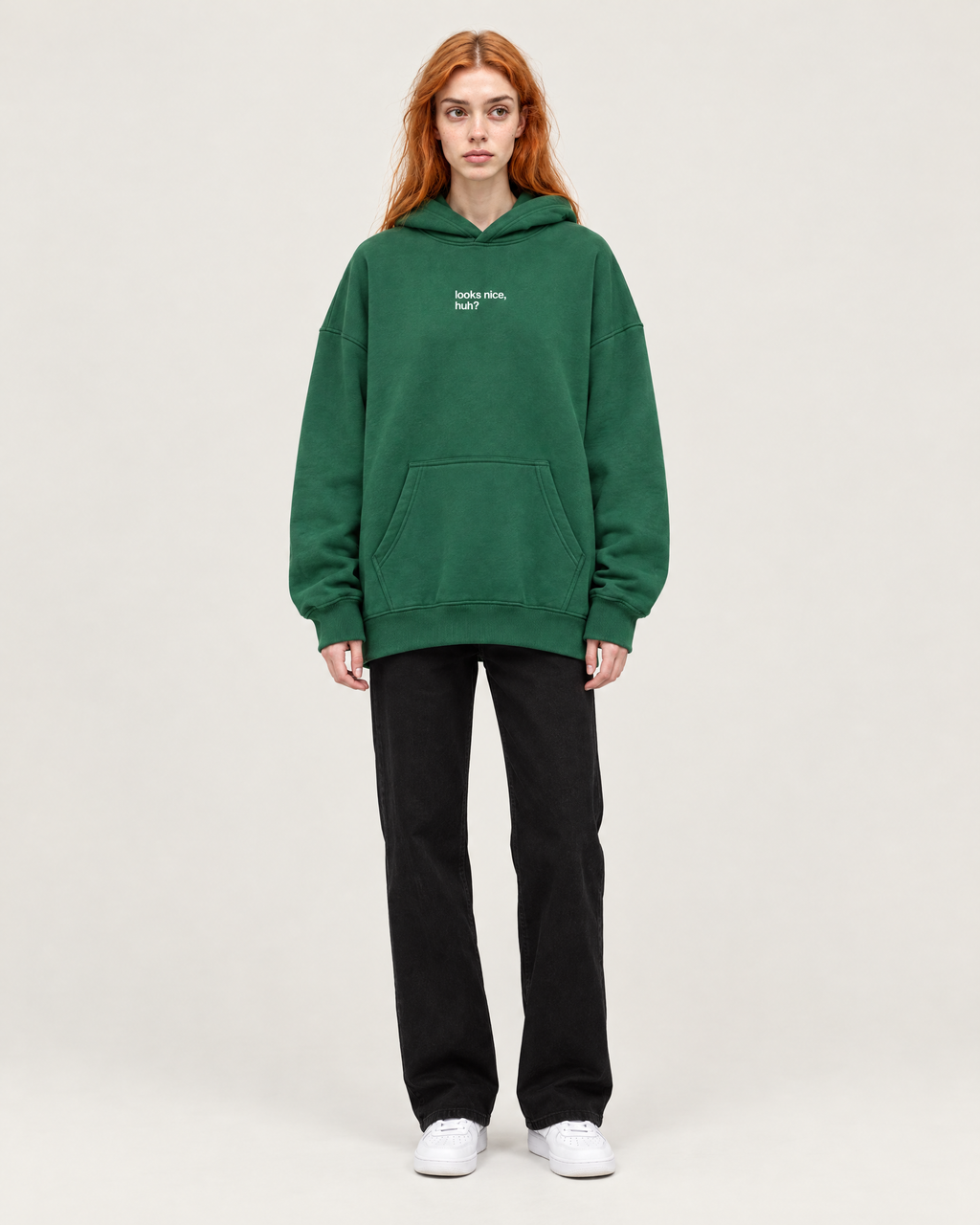 Bring the Color Back oversized hoodie in Eden green, front. A is 5'7" and wears size S