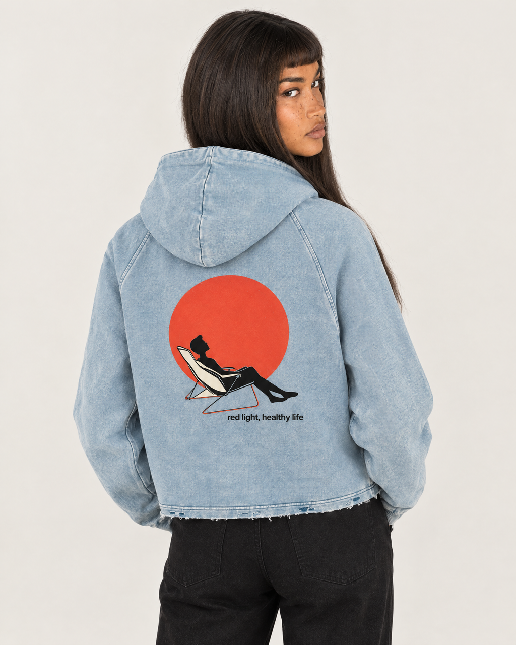 Red Light, Healthy Life hoodie, back print detail. D wears size S