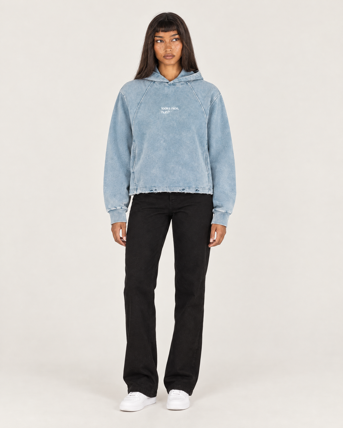 Red Light, Healthy Life frayed-hem hoodie in washed blue, front. D is 5'6" and wears size S