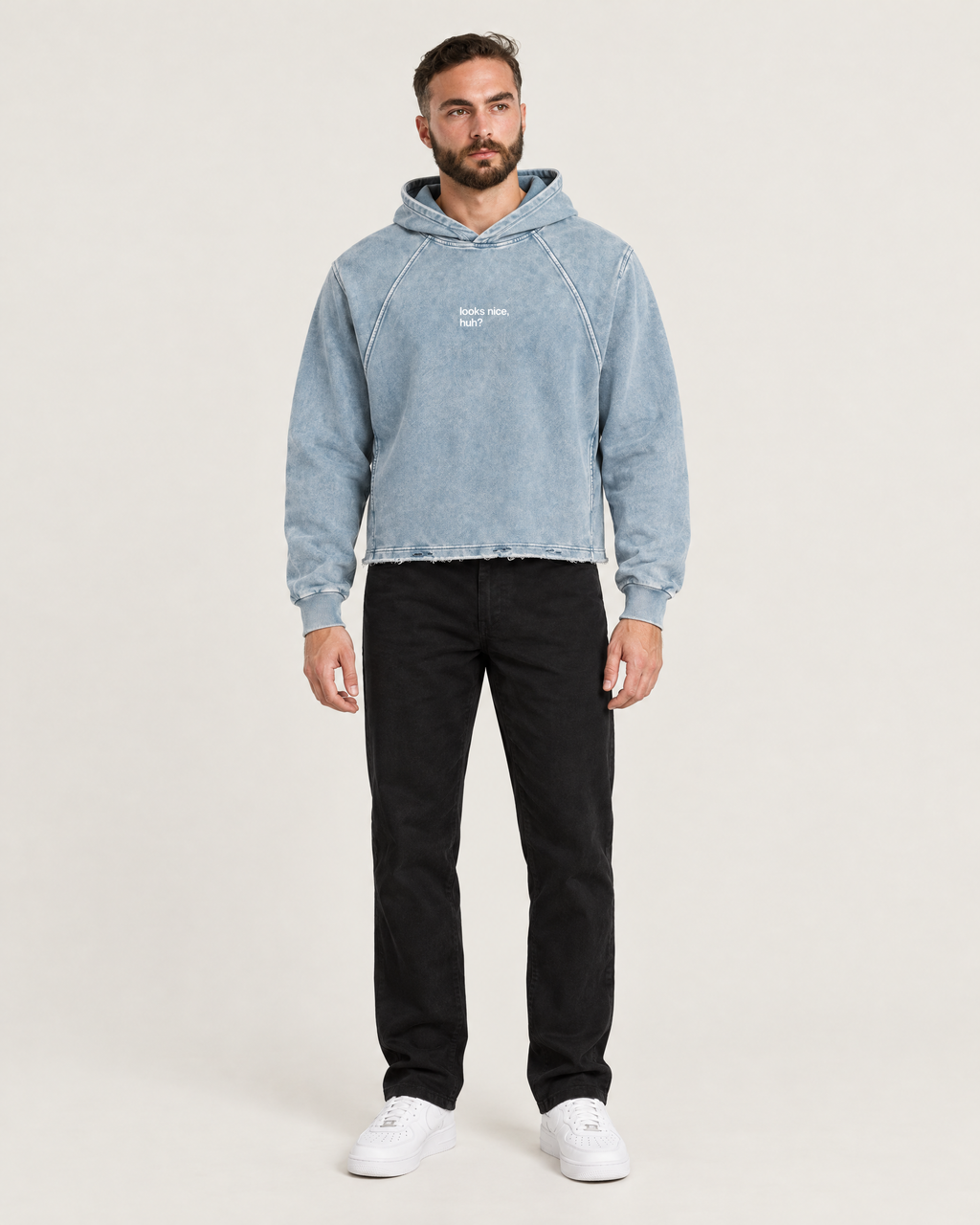 Red Light, Healthy Life frayed-hem hoodie in washed blue, front. B is 6'1" and wears size M