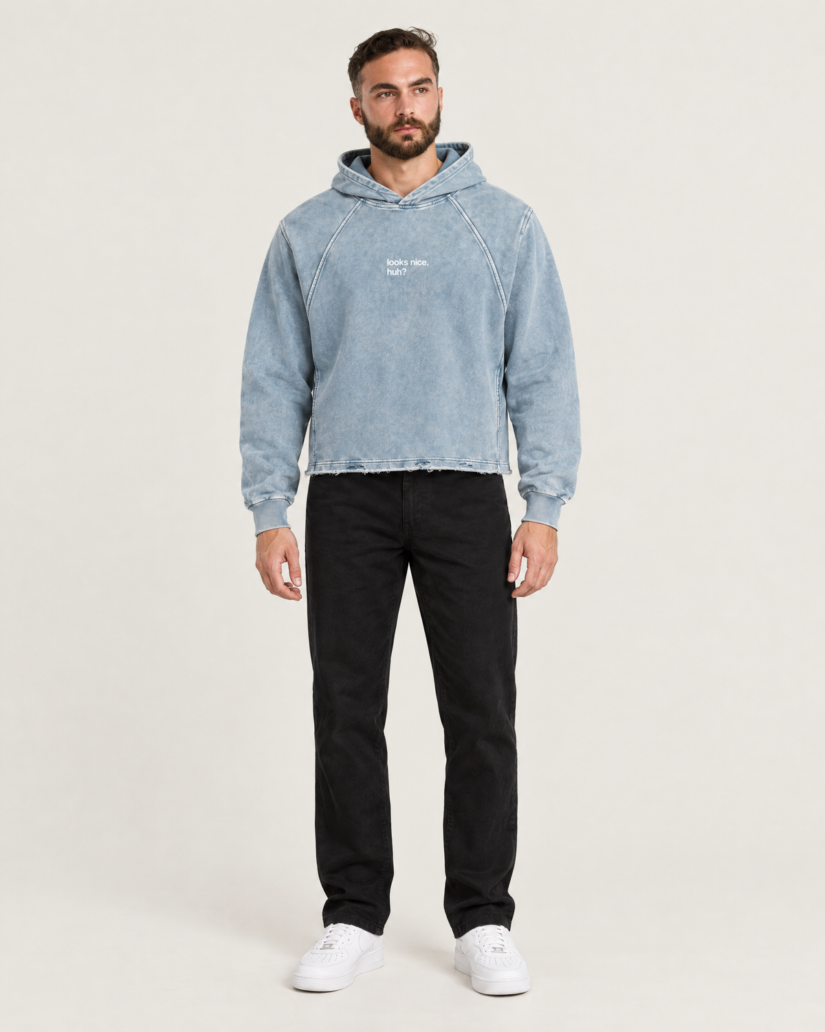 Red Light, Healthy Life frayed-hem hoodie in washed blue, front. B is 6'1" and wears size M