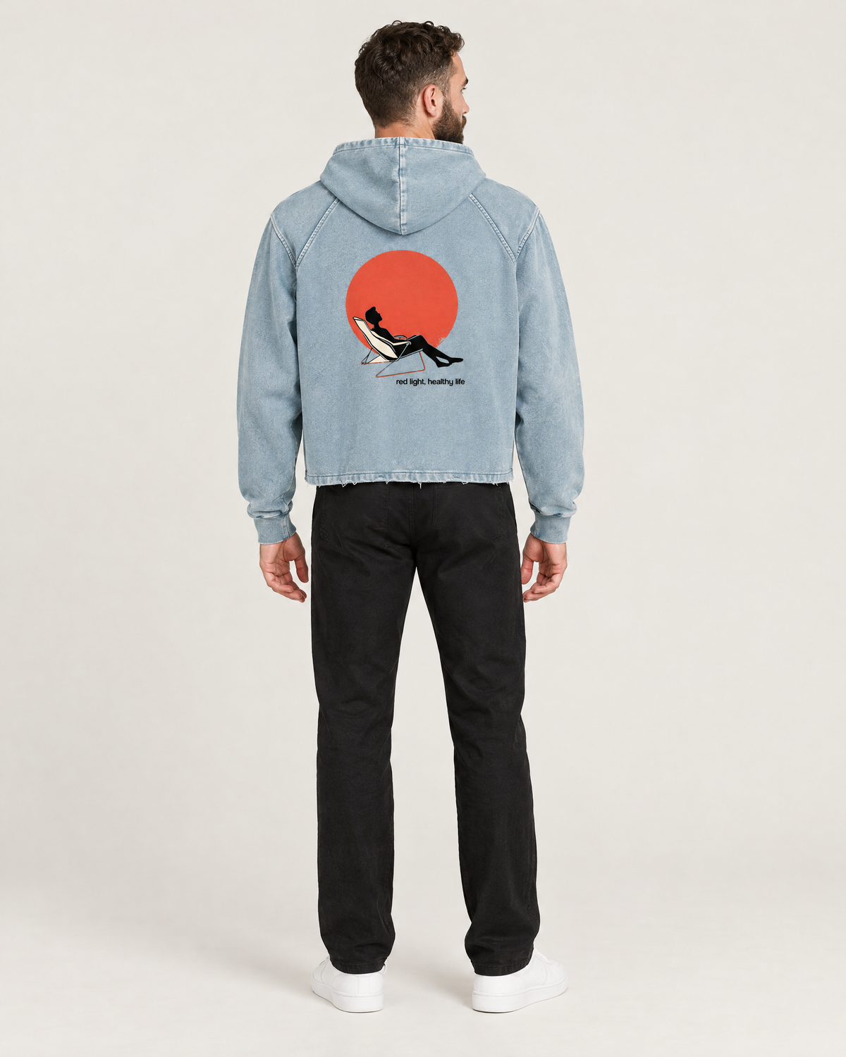 Red Light, Healthy Life hoodie, red sun back print. B wears size M