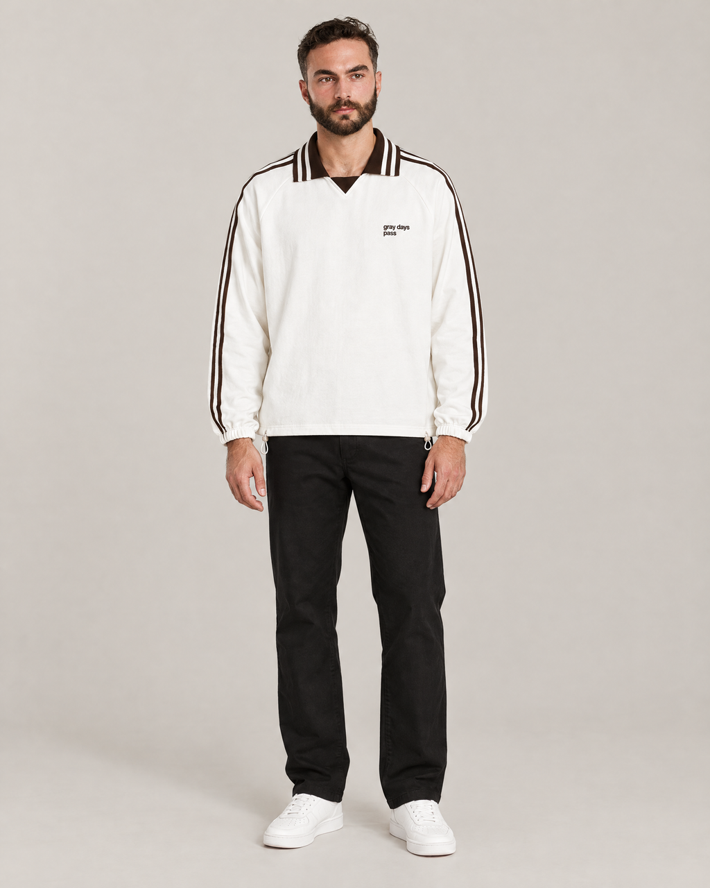 Gray Days Pass striped collar sweatshirt in white, front. B is 6'1" and wears size M