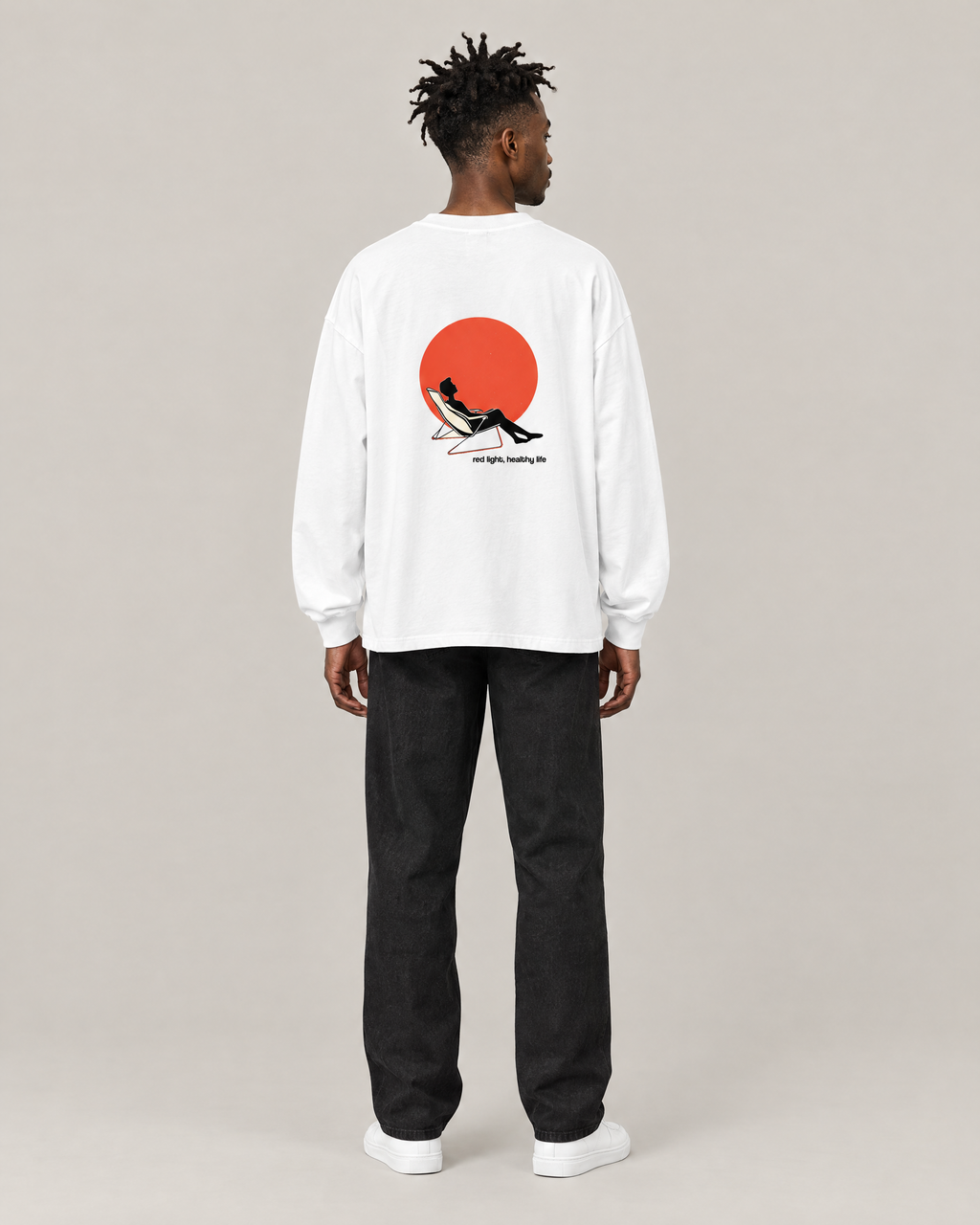 Red Light, Healthy Life long sleeve tee, red sun back print. C wears size M