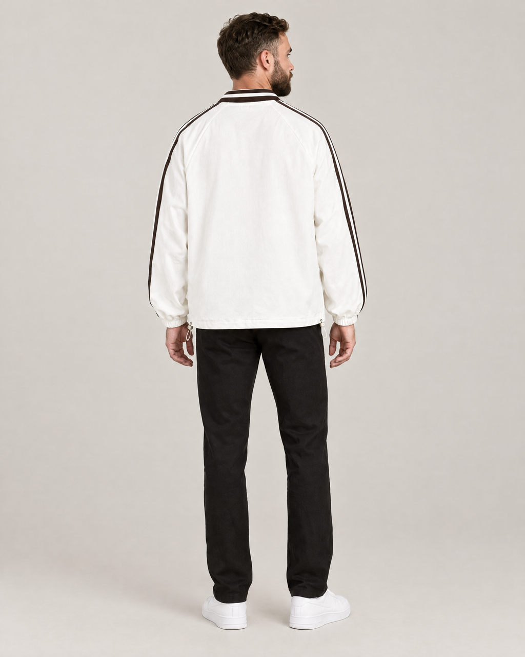 Gray Days Pass sweatshirt, plain back with striped raglan sleeves. B wears size M