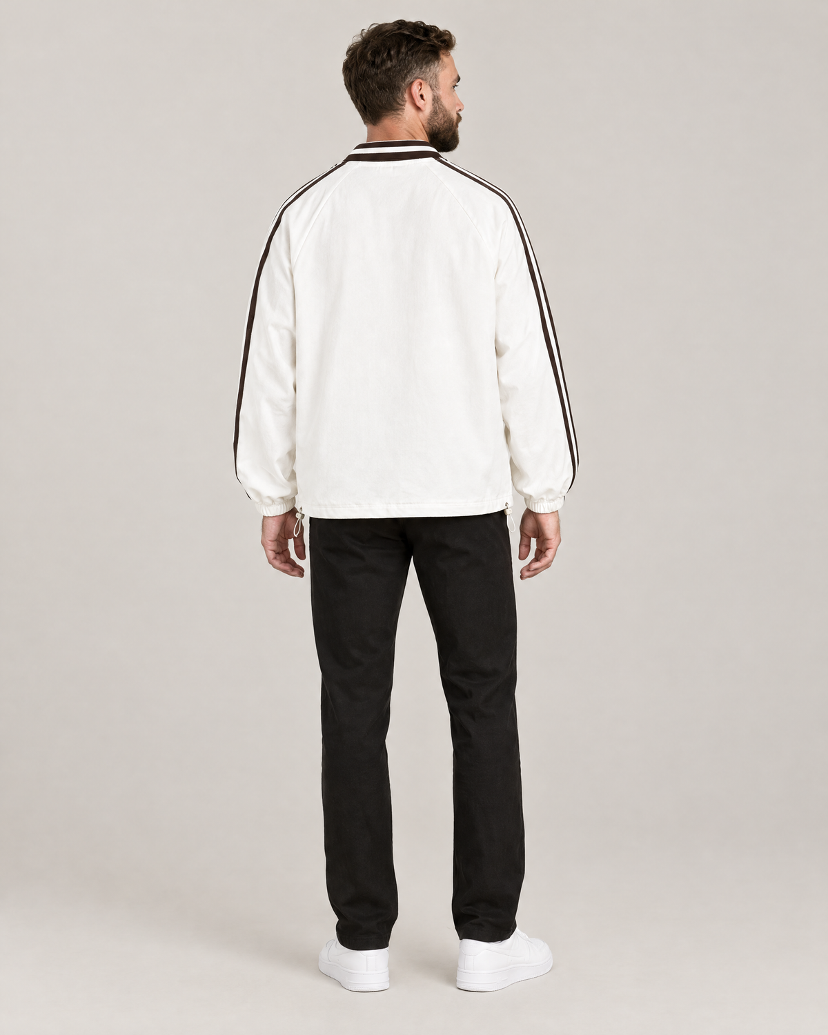 Gray Days Pass sweatshirt, plain back with striped raglan sleeves. B wears size M