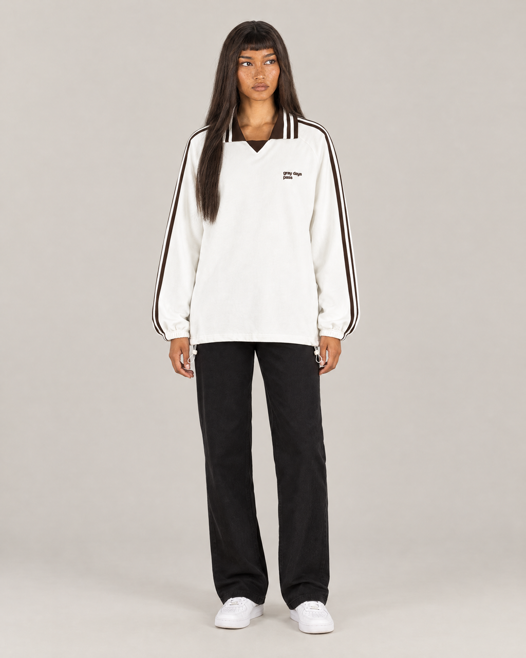 Gray Days Pass striped collar sweatshirt in white, front. D is 5'6" and wears size S