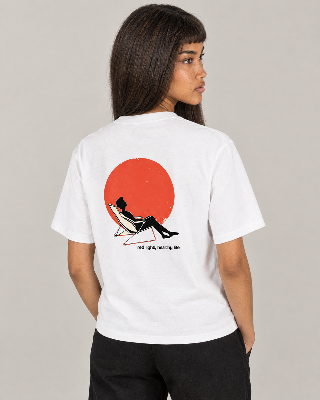 Red Light, Healthy Life tee, back print detail. D wears size S