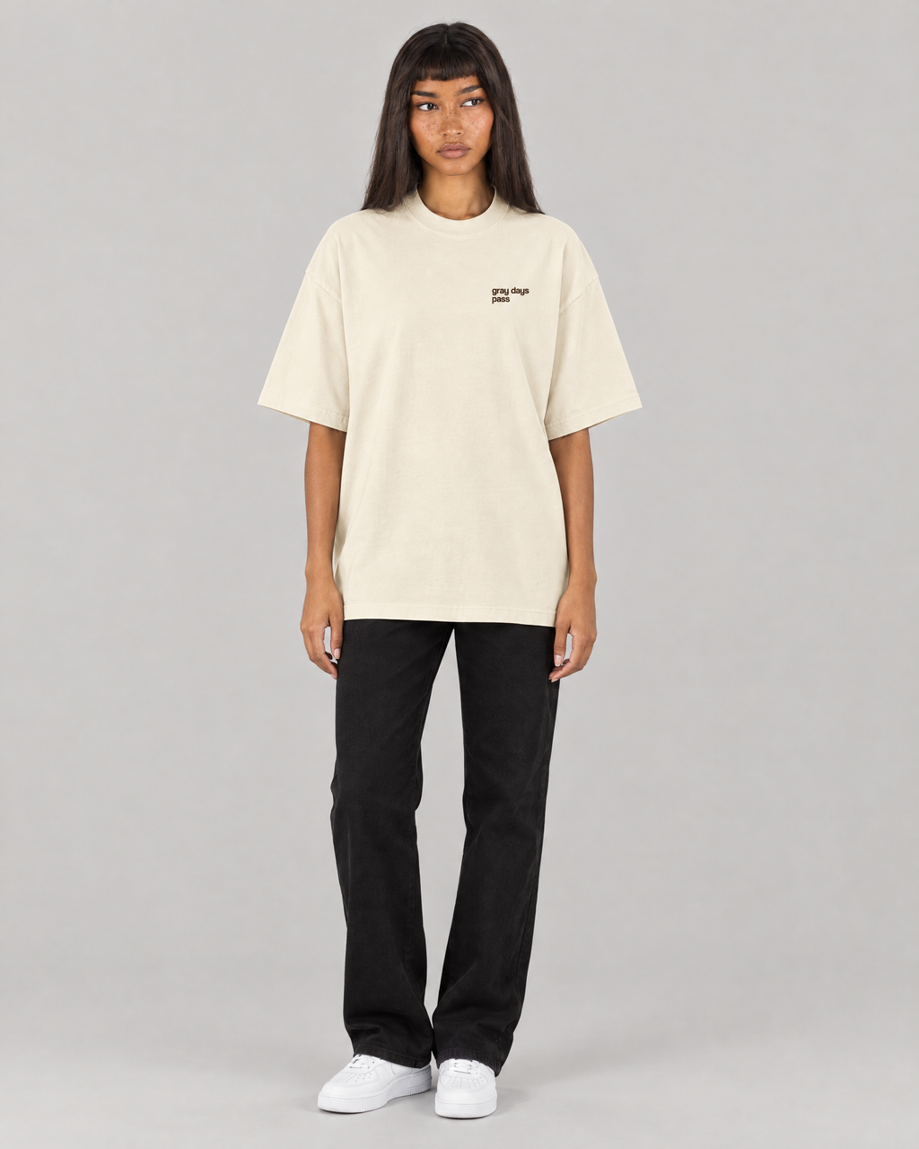 Your Mind in Full Color oversized tee in Mild Apricot, front. D is 5'6" and wears size S