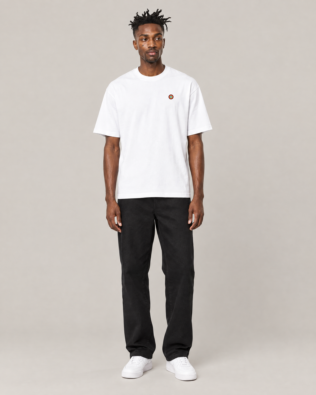 Red Light, Healthy Life essential tee in white, front. C is 6'2" and wears size L