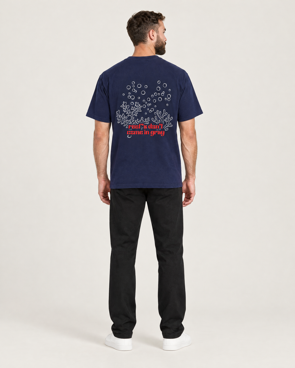 Reef's Don't Come in Gray tee, coral reef back print. B wears size L