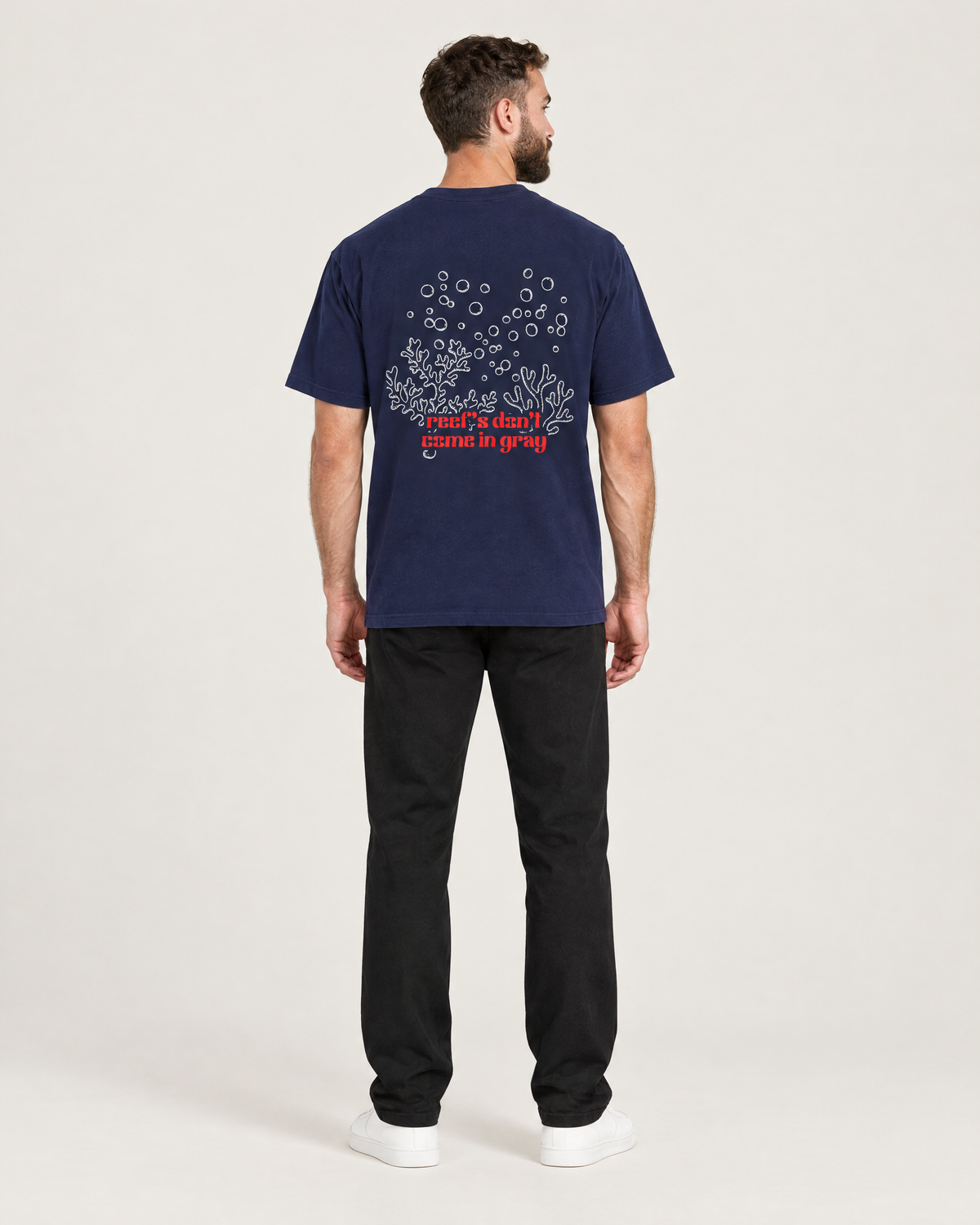 Reef's Don't Come in Gray tee, coral reef back print. B wears size L