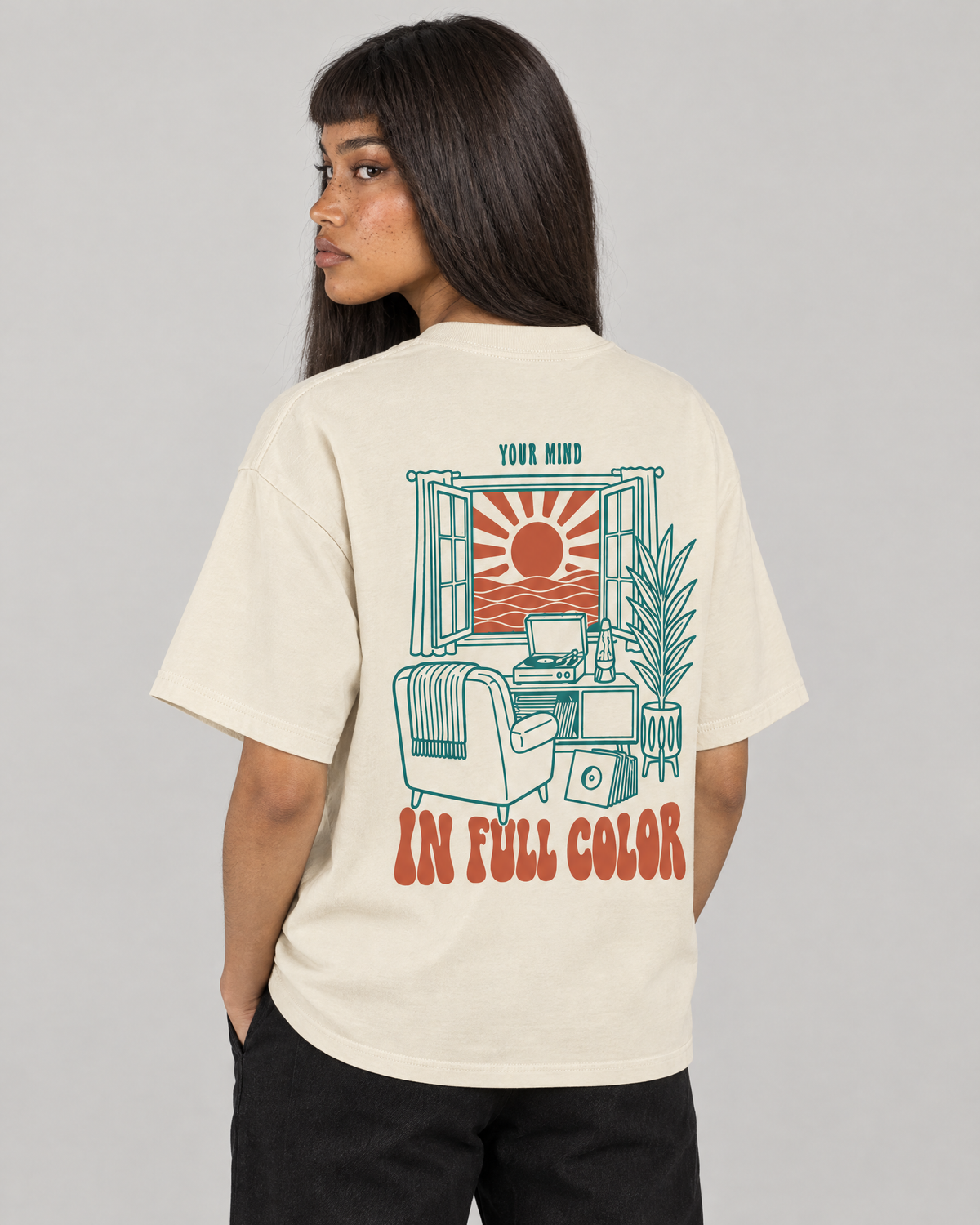 Your Mind in Full Color tee, back print detail. D wears size S