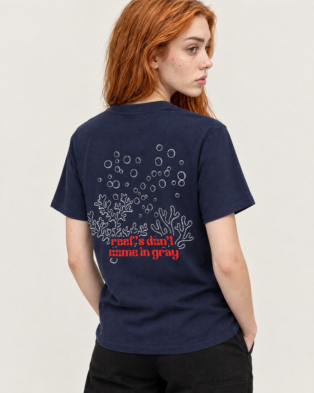 Reef's Don't Come in Gray tee, back print detail. A wears size S
