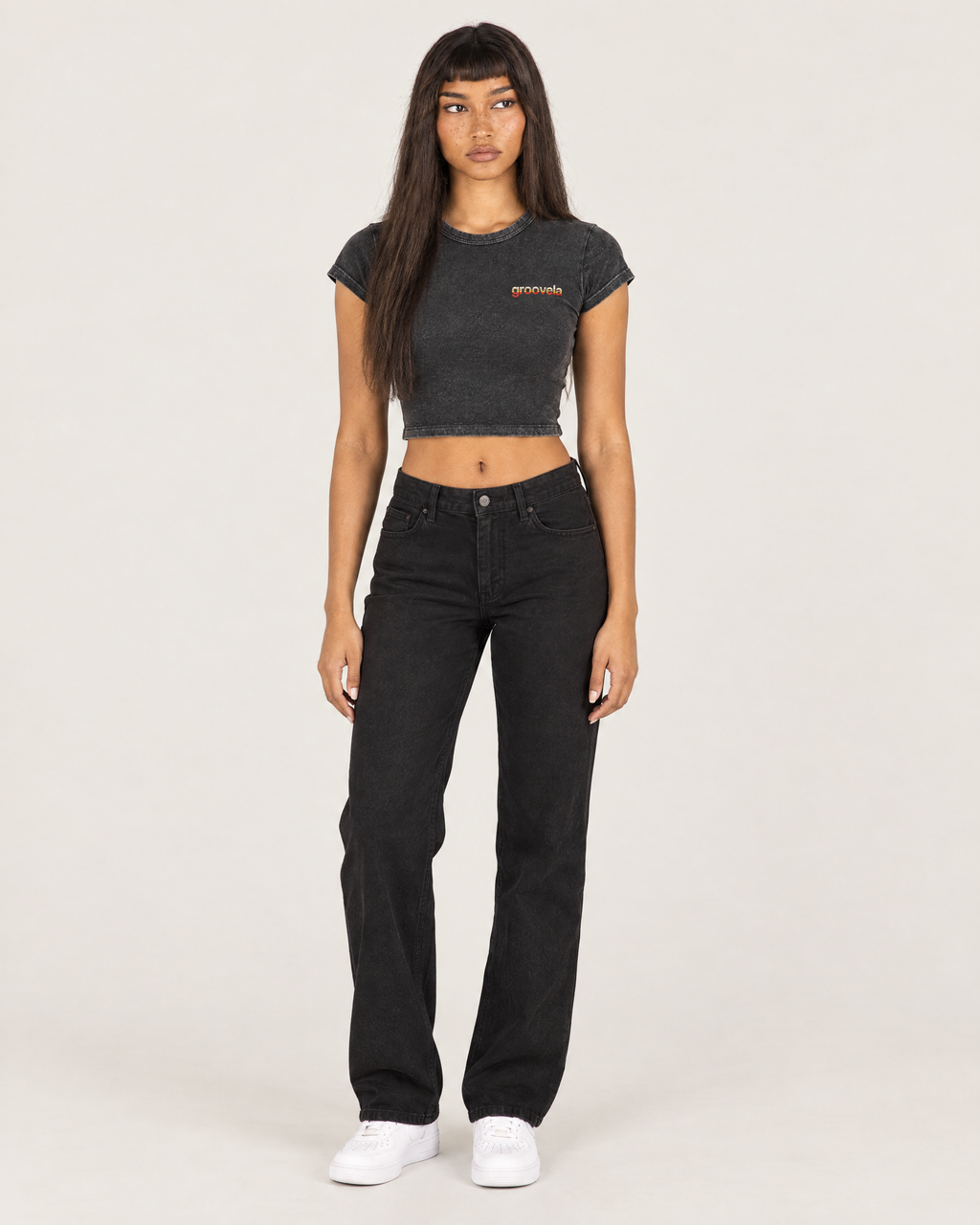 Sunset Wordmark washed crop top in black, front. D is 5'6" and wears size S