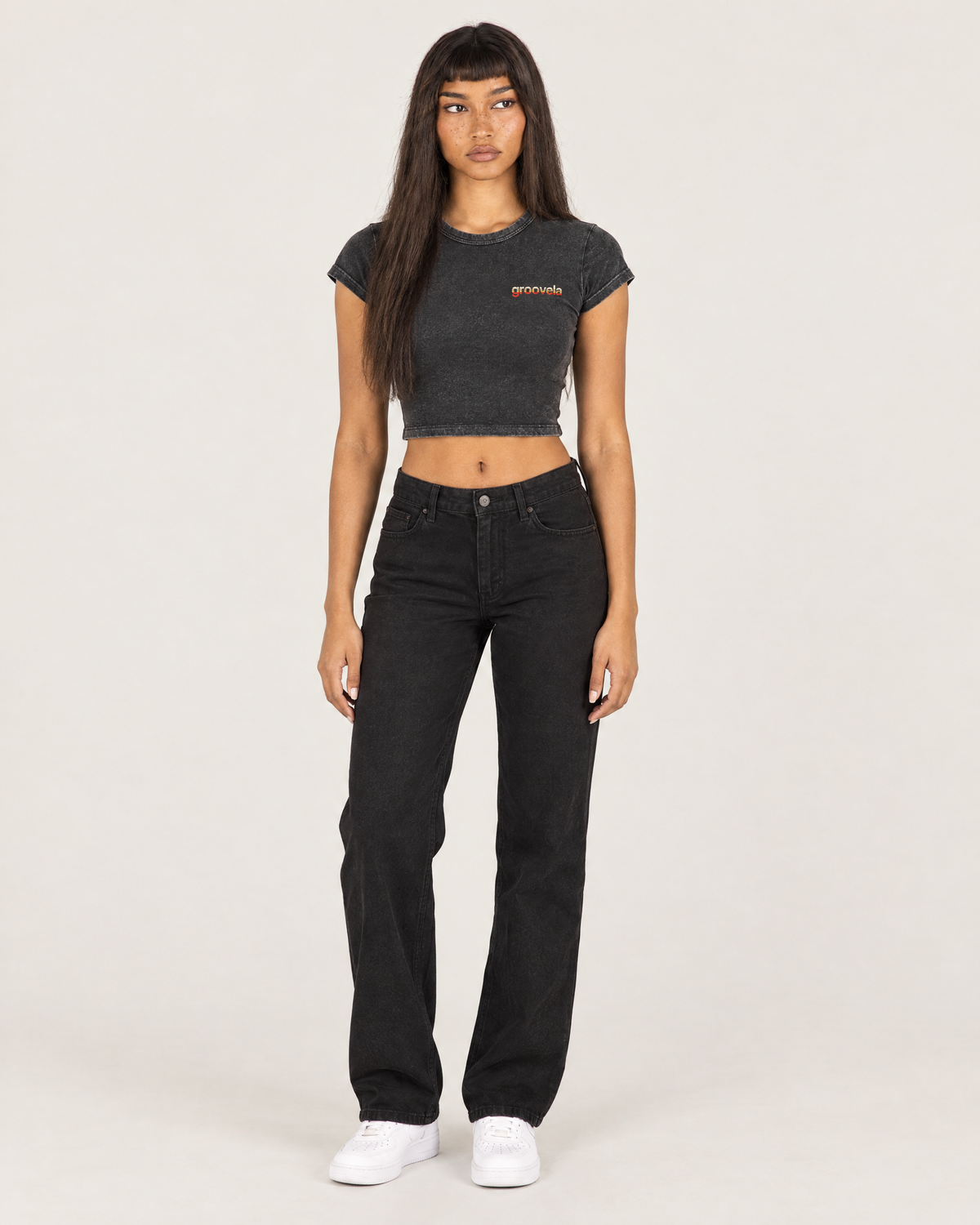 Sunset Wordmark washed crop top in black, front. D is 5'6" and wears size S