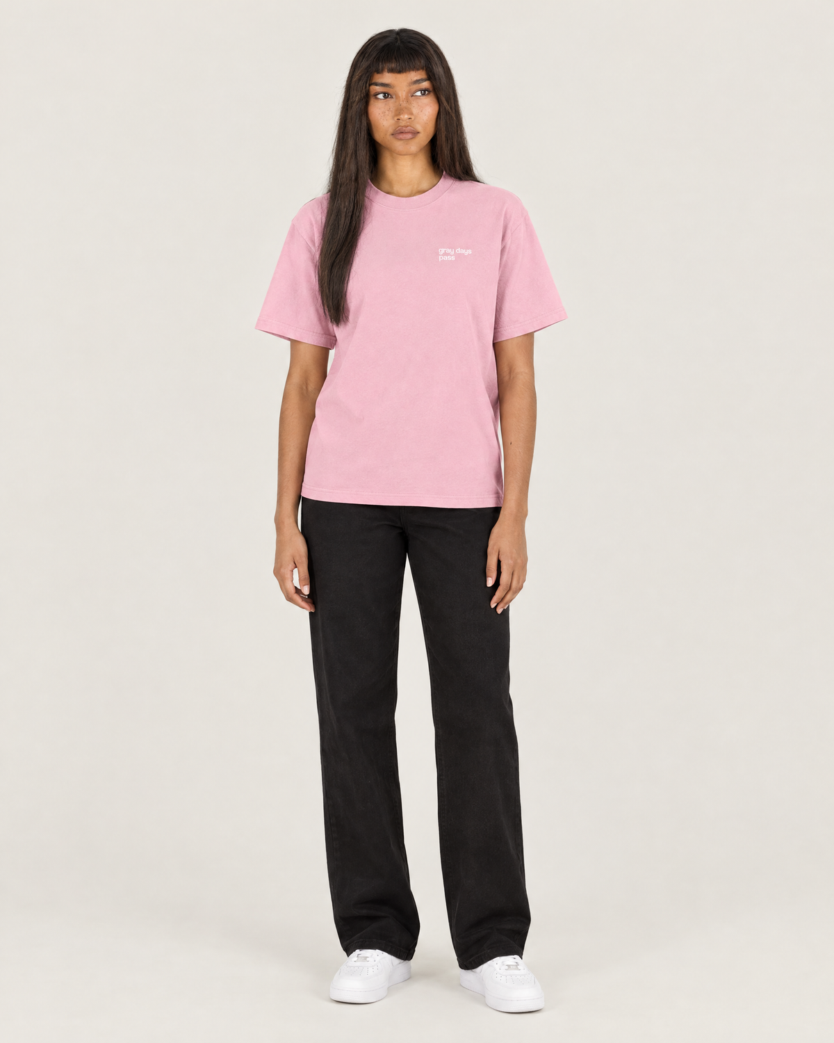 Bring the Color Back essential tee in pink, front. D is 5'6" and wears size S