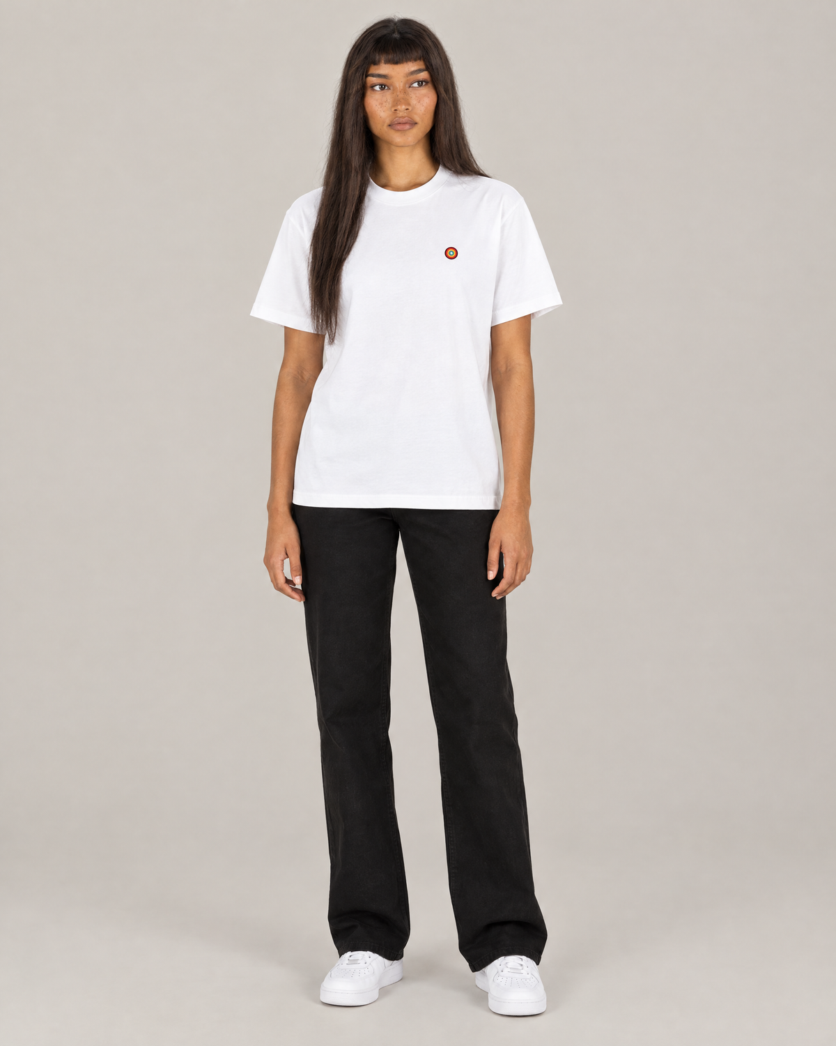 Red Light, Healthy Life essential tee in white, front. D is 5'6" and wears size S