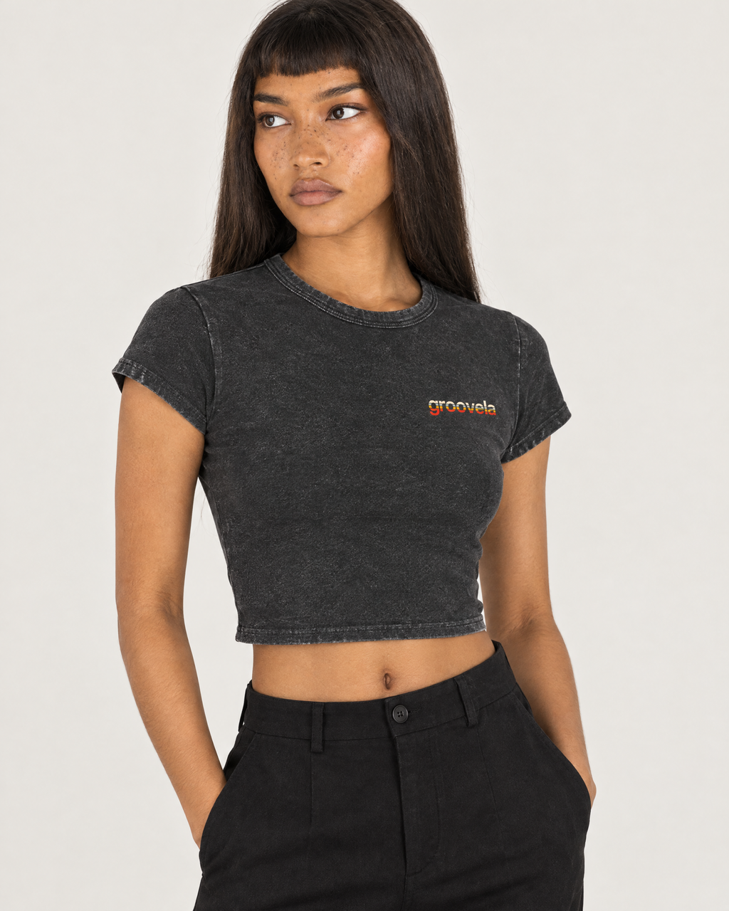 Sunset Wordmark washed crop top, wordmark detail. D wears size S