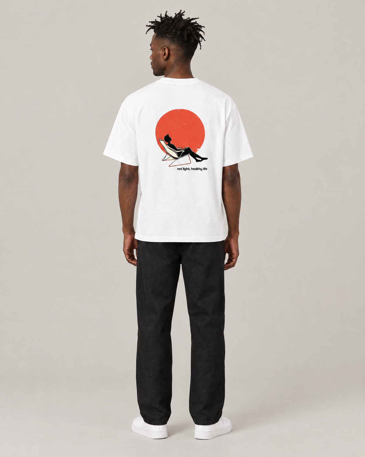 Red Light, Healthy Life tee, red sun back print. C wears size L