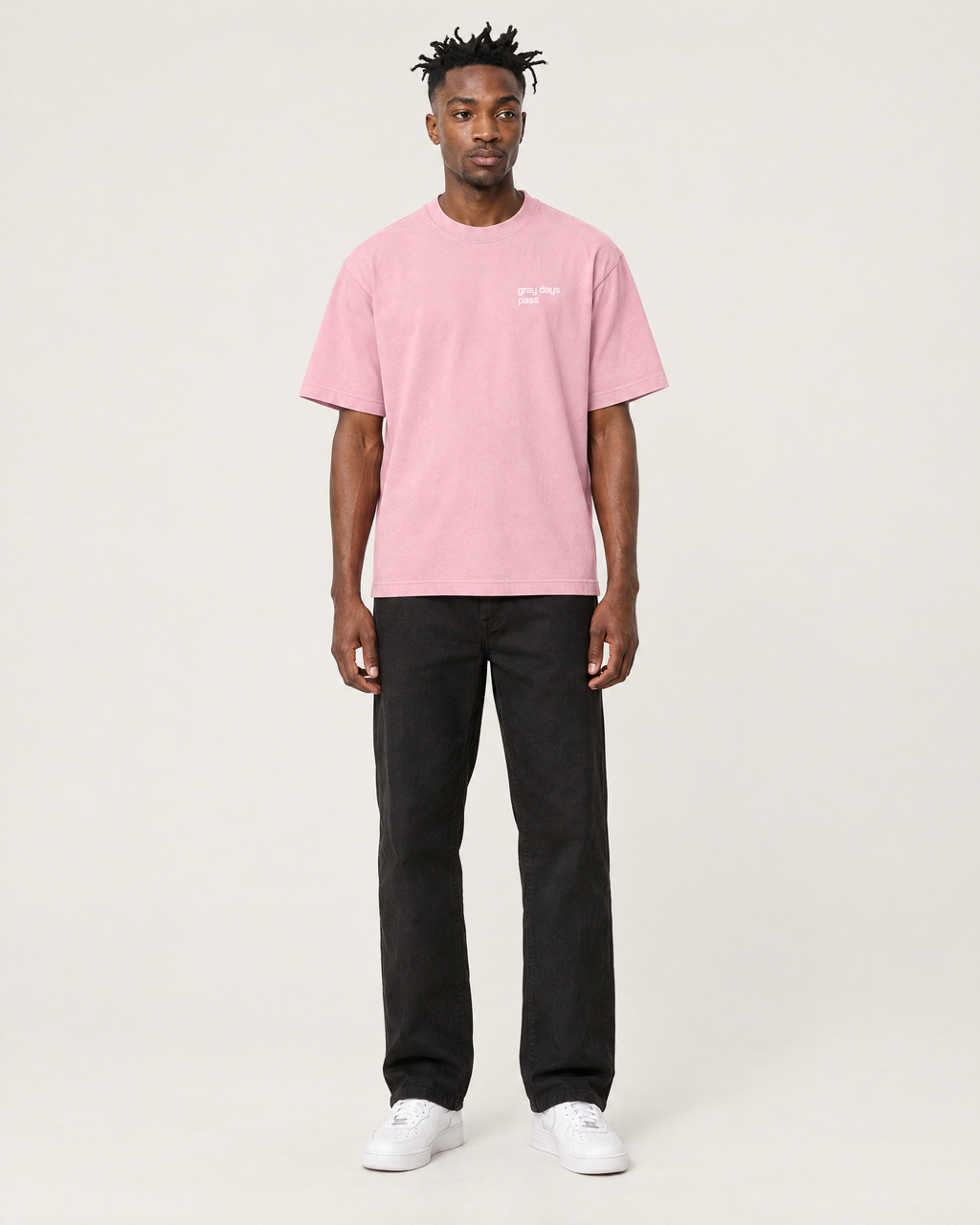 Bring the Color Back essential tee in pink, front. C is 6'2" and wears size L